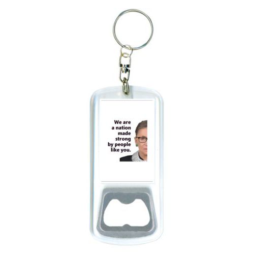 Durable bottle opener and steel key ring personalized with Ruth Bader Ginsburg drawing and "Notorious RGB" on galaxy design