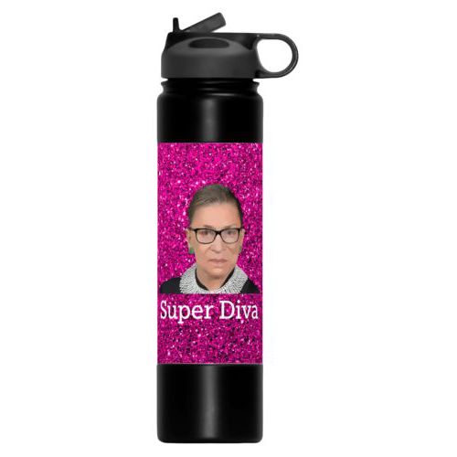 24oz insulated steel sports bottle personalized with Ruth Bader Ginsburg drawing and "Super Diva" design