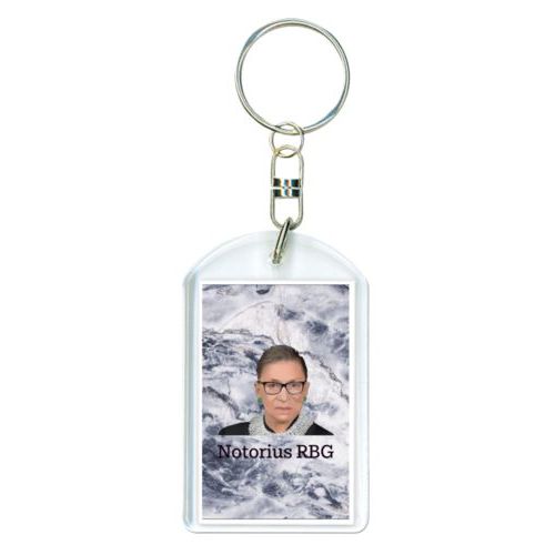 Personalized plastic keychain personalized with white pattern and photo and the saying "Notorius RBG"