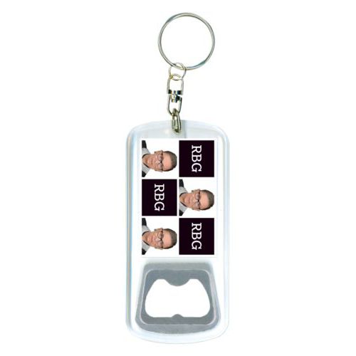 Bottle opener with key ring personalized with Ruth Bader Ginsburg drawing and "RGB" tiled design