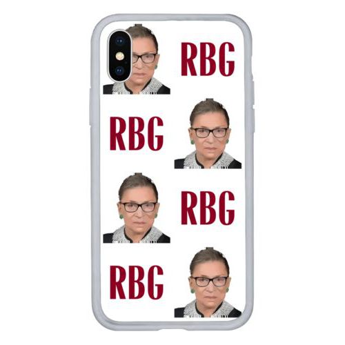 Personalized iphone x case personalized with a photo and the saying "RBG" in white and maroon