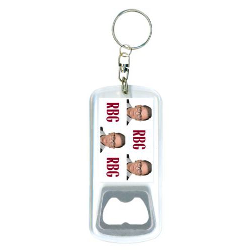 Personalized bottle opener personalized with a photo and the saying "RBG" in white and maroon