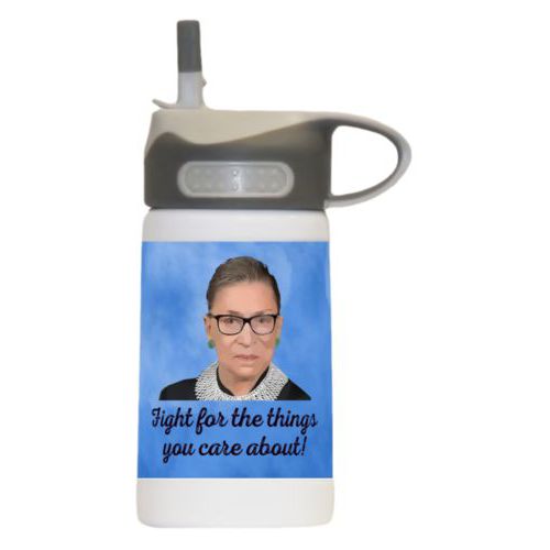 12oz insulated steel sports bottle personalized with Ruth Bader Ginsburg drawing and "Fight for the things you care about" on blue design