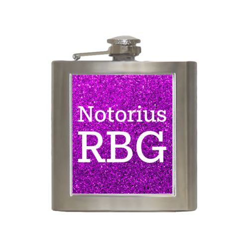 Personalized 6oz flask personalized with fuchsia glitter pattern and the saying "Notorius RBG"