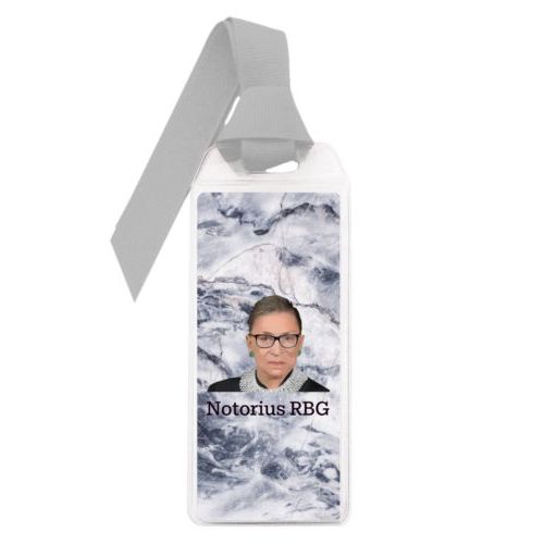 Personalized bookmark personalized with Ruth Bader Ginsburg drawing and "Notorious RGB" on marble design