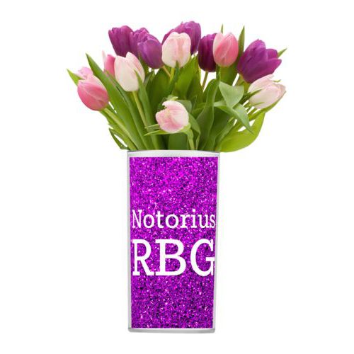 Personalized vase personalized with fuchsia glitter pattern and the saying "Notorius RBG"
