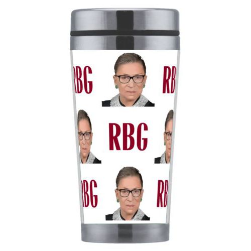 Personalized coffee mug personalized with a photo and the saying "RBG" in white and maroon