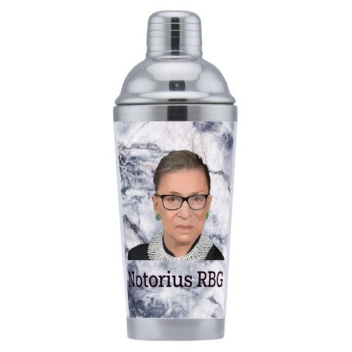 Coctail shaker personalized with white pattern and photo and the saying "Notorius RBG"