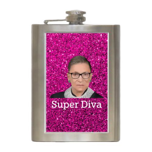 8oz steel flask personalized with Ruth Bader Ginsburg drawing and "Super Diva" design
