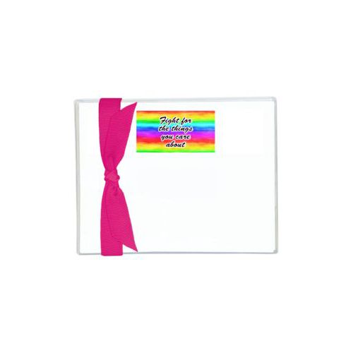Flat cards personalized with "Fight for the things you care about" on rainbow design