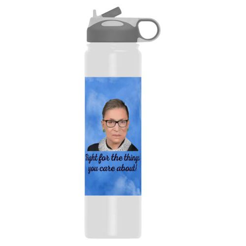 24oz insulated steel sports bottle personalized with Ruth Bader Ginsburg drawing and "Fight for the things you care about" on blue design