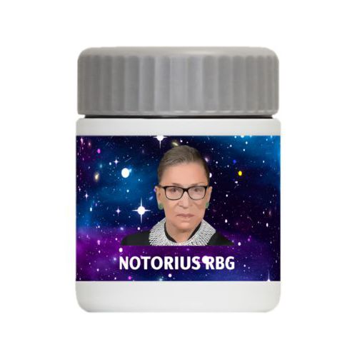 Personalized 12oz food jar personalized with Ruth Bader Ginsburg drawing and "Notorious RGB" on galaxy design