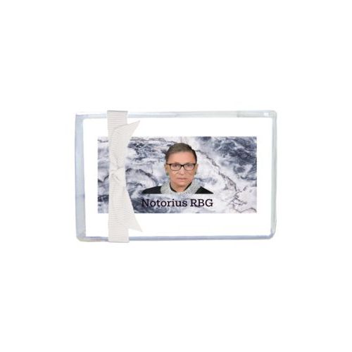 Personalized enclosure cards personalized with white pattern and photo and the saying "Notorius RBG"