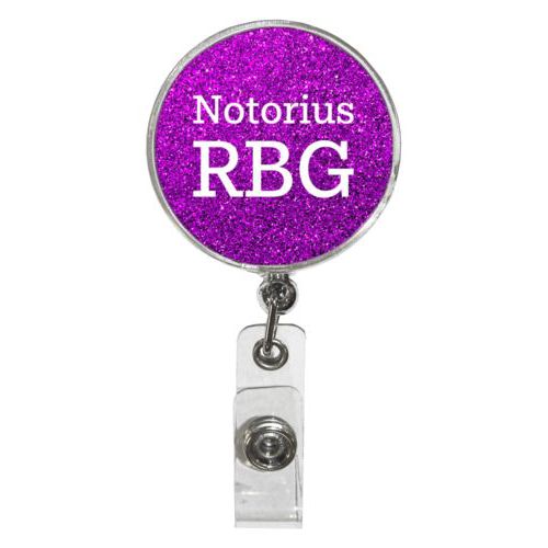 Personalized badge reel personalized with fuchsia glitter pattern and the saying "Notorius RBG"