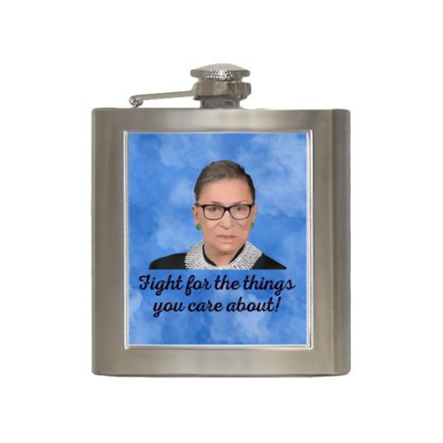Durable steel flask personalized with Ruth Bader Ginsburg drawing and "Fight for the things you care about" on blue design