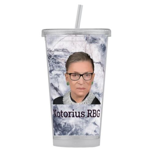 Tumbler personalized with Ruth Bader Ginsburg drawing and "Notorious RGB" on marble design