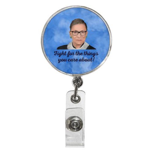 Personalized badge reel personalized with blue cloud pattern and photo and the saying "Fight for the things you care about!"