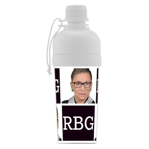 Personalized water bottle for kids personalized with a photo and the saying "RBG" in black and white