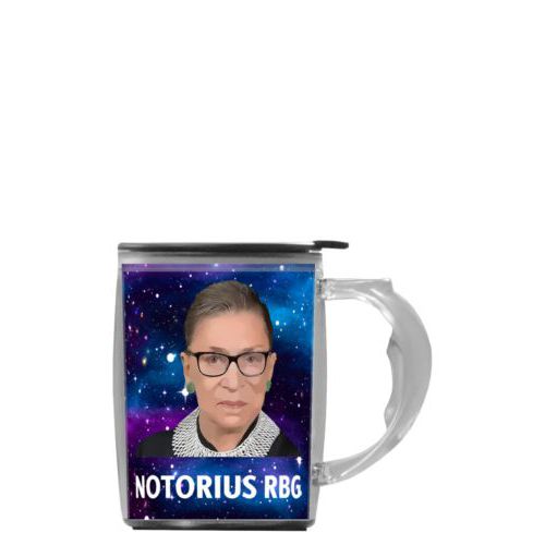 Custom mug with handle personalized with galactic pattern and photo and the saying "NOTORIUS RBG"