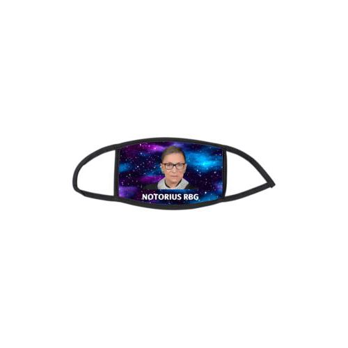 Custom facemask personalized with Ruth Bader Ginsburg drawing and "Notorious RGB" on galaxy design