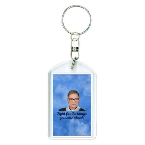 Personalized keychain personalized with Ruth Bader Ginsburg drawing and "Fight for the things you care about" on blue design