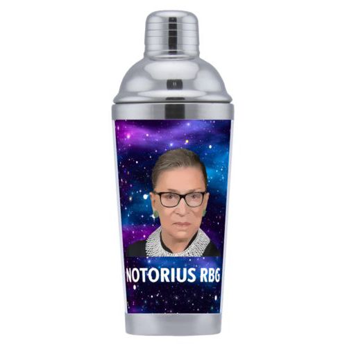 Coctail shaker personalized with galactic pattern and photo and the saying "NOTORIUS RBG"