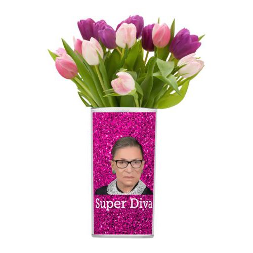 Personalized vase personalized with pink glitter pattern and photo and the saying "Super Diva"
