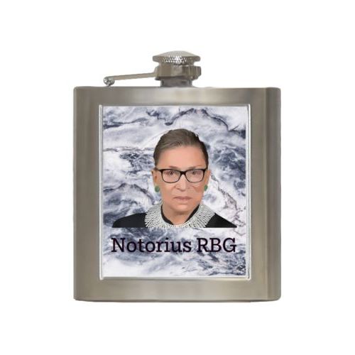 Personalized 6oz flask personalized with white pattern and photo and the saying "Notorius RBG"