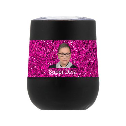 Personalized insulated wine tumbler personalized with pink glitter pattern and photo and the saying "Super Diva"