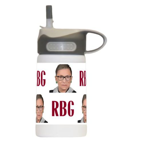 Water bottle for kids personalized with a photo and the saying "RBG" in white and maroon