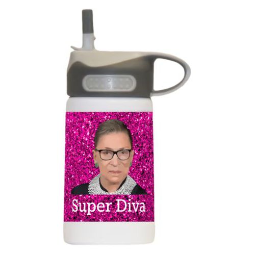 12oz insulated steel sports bottle personalized with Ruth Bader Ginsburg drawing and "Super Diva" design