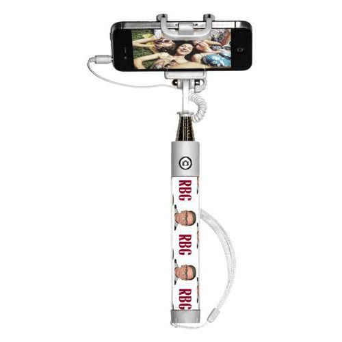 Selfie stick personalized with Ruth Bader Ginsburg drawing and "RGB" tiled design
