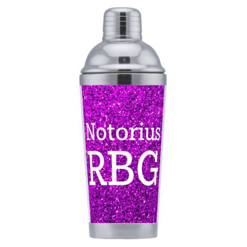 Custom coctail shaker personalized with "Notorious RGB" on purple design