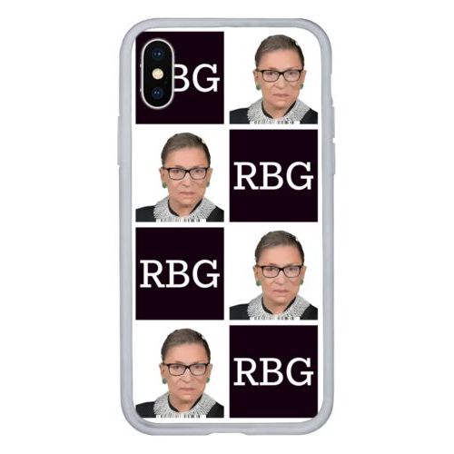 Personalized iphone x case personalized with a photo and the saying "RBG" in black and white
