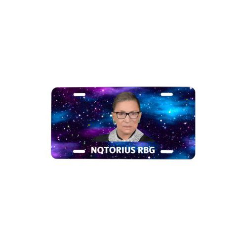 Personalized license plate personalized with Ruth Bader Ginsburg drawing and "Notorious RGB" on galaxy design