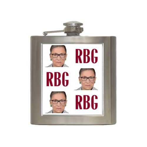 Durable steel flask personalized with Ruth Bader Ginsburg drawing and "RGB" tiled design