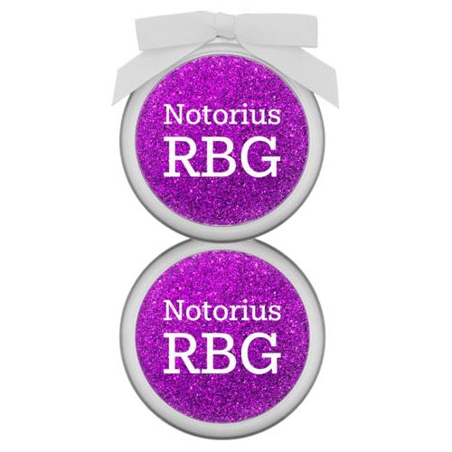 Personalized ornament personalized with fuchsia glitter pattern and the saying "Notorius RBG"