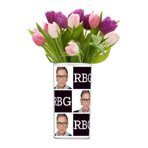 Personalized vase personalized with a photo and the saying "RBG" in black and white