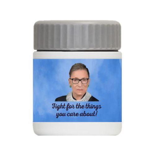 Personalized 12oz food jar personalized with Ruth Bader Ginsburg drawing and "Fight for the things you care about" on blue design
