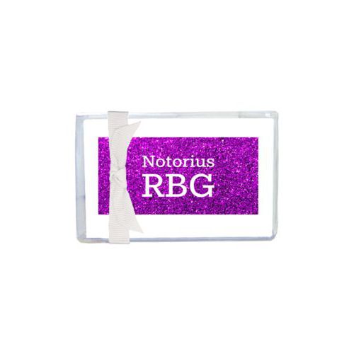 Enclosure cards personalized with "Notorious RGB" on purple design