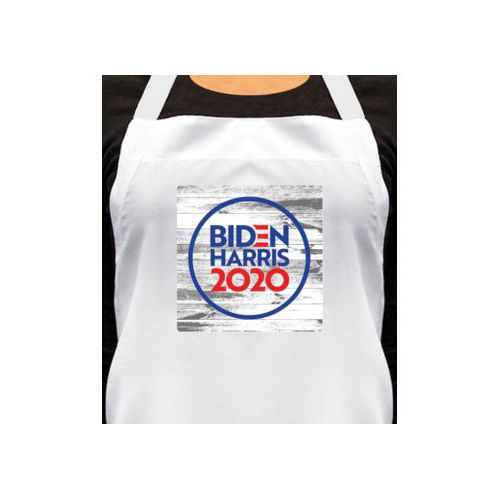 Personalized apron personalized with "Biden Harris 2020" round logo on wood grain design