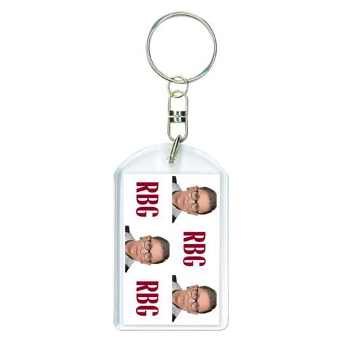Personalized plastic keychain personalized with a photo and the saying "RBG" in white and maroon