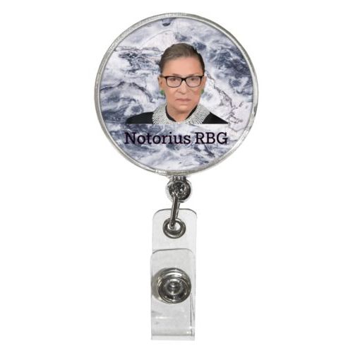 Personalized badge reel personalized with white pattern and photo and the saying "Notorius RBG"