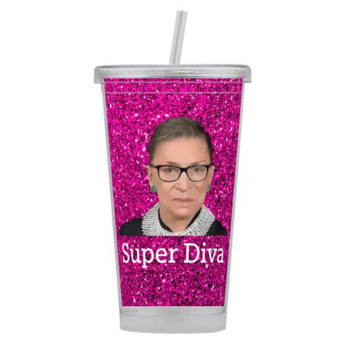 Personalized tumbler personalized with pink glitter pattern and photo and the saying "Super Diva"
