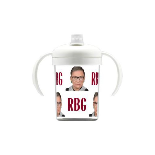Personalized sippycup personalized with a photo and the saying "RBG" in white and maroon