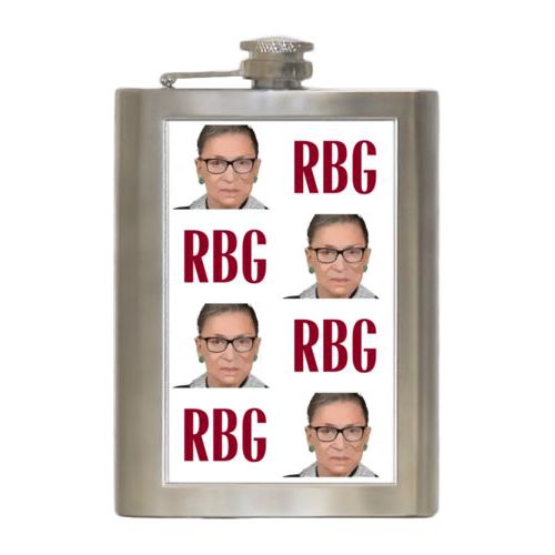 Personalized 8oz flask personalized with a photo and the saying "RBG" in white and maroon