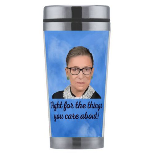 Personalized coffee mug personalized with blue cloud pattern and photo and the saying "Fight for the things you care about!"