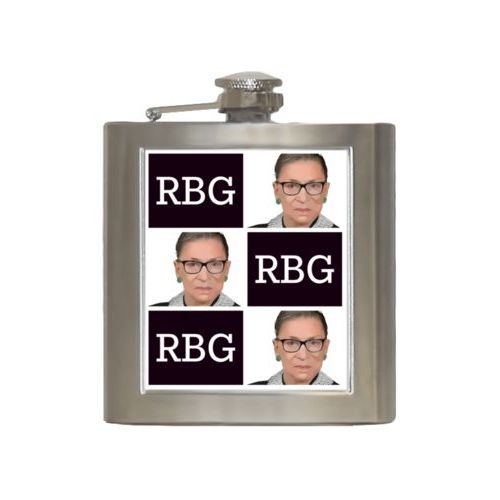 Personalized 6oz flask personalized with a photo and the saying "RBG" in black and white