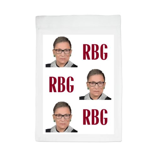 Personalized lawn flag personalized with a photo and the saying "RBG" in white and maroon