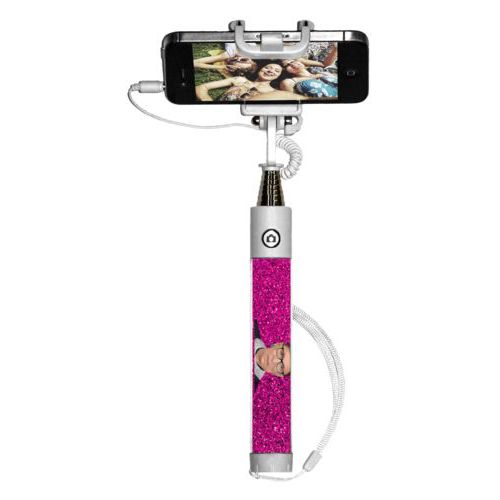 Personalized selfie stick personalized with pink glitter pattern and photo and the saying "Super Diva"
